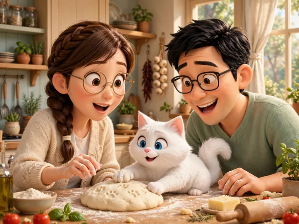 ตัวอย่างแอนิเมชันสามมิติ ตัวละครกับแมวในห้องครัว